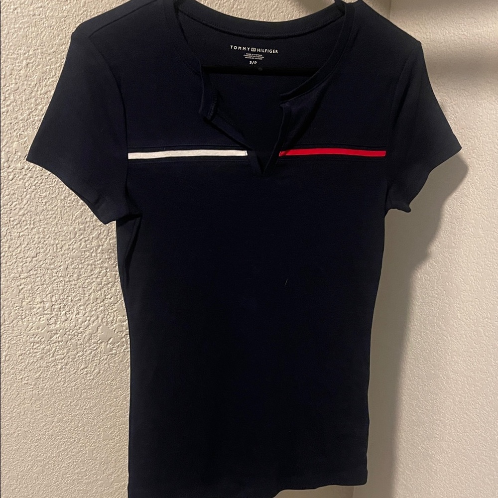 Tommy Hilfiger Women's Dark Blue Tee with Red and White Stripes